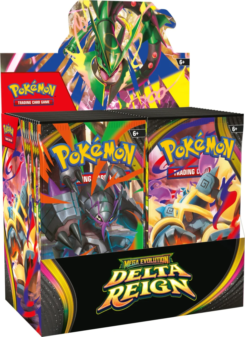 Booster Box de Delta Reign, com a arte de Mega Rayquaza na caixa