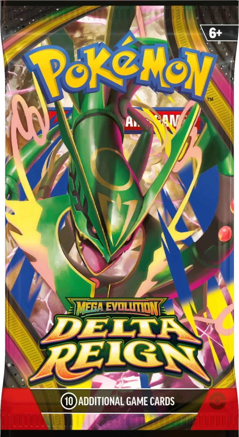 Embalagem de booster de Delta Reign com Mega Rayquaza na arte